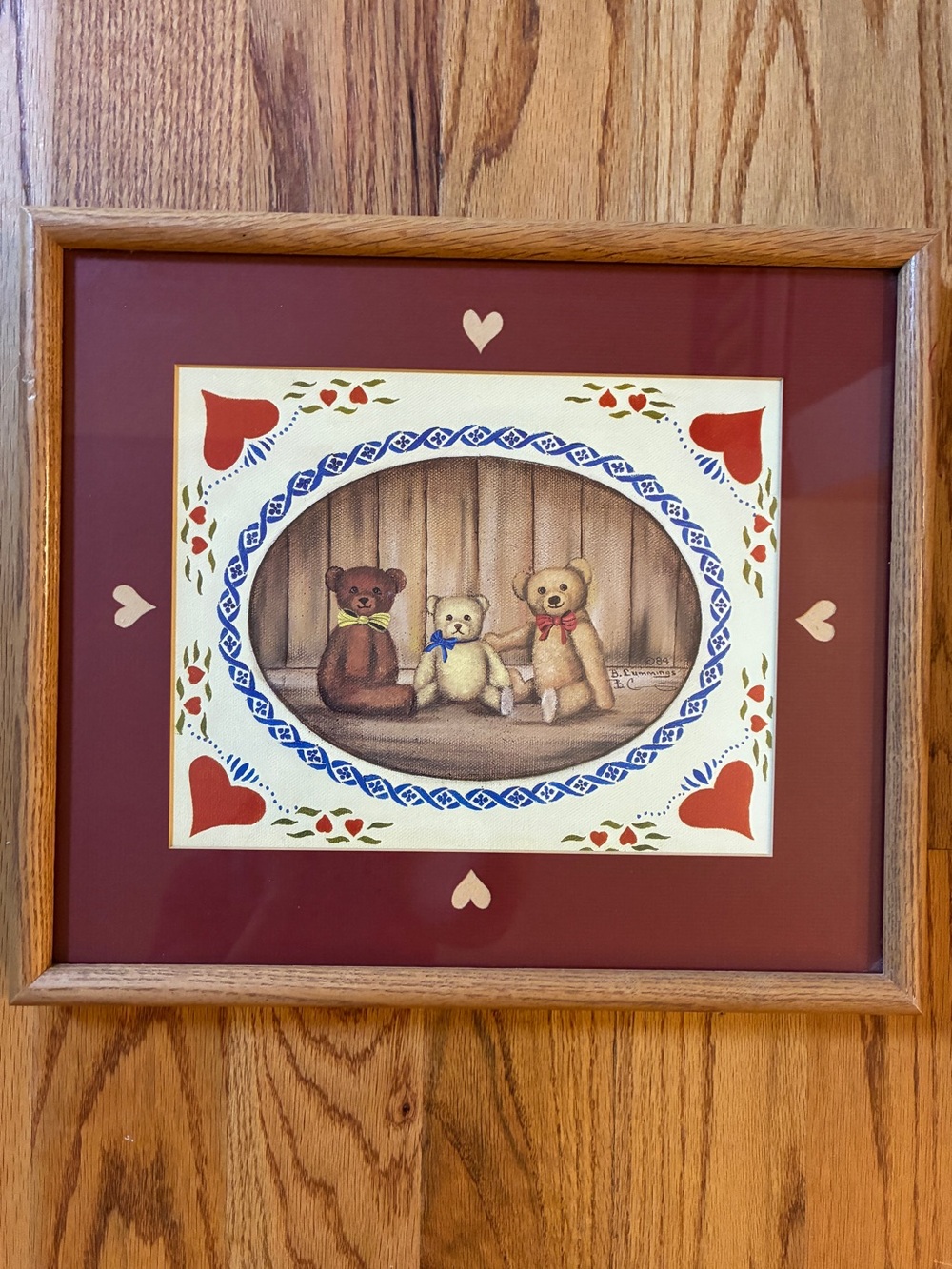Vintage Beth Cummings Signed Folk Art Print Wood Framed Bear Heart Nursery 80s
